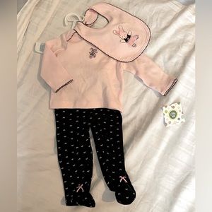 NWT. Baby girl 3 piece outfit. Pink & black. Pink shirt, black footed pants, bib
